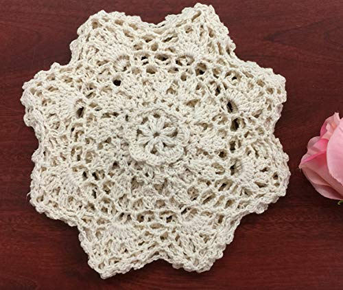 Creative Linens 6PCS 6 Round Crochet Lace Doily Beige 100% Cotton Handmade, Set of 6 Pieces