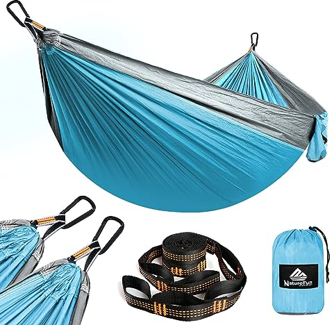 NATUREFUN Ultra-Light Travel Camping Hammock | 300kg Load Capacity,(275 x 140 cm) Breathable,Quick-drying Parachute Nylon | 2 x Premium Carabiners,2 x Nylon Slings Included | Outdoor Indoor Garden