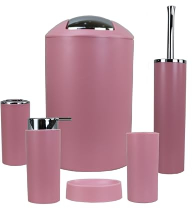 GMMH – Set di 6 accessori da bagno, con dispenser per sapone, porta saponetta e scopino per WC (rosa)