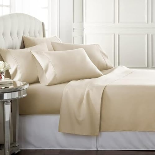 Danjor Linens Bed Sheet Set King Size for Hot Sleepers, Hotel Premium Sheets with 4 Pillowcases, Lightweight Brushed Microfiber Deep Pockets, Breathable Cooling 6 Piece Bedding Sets, Cream