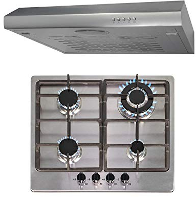 SIA 60cm Stainless Steel 4 Burner Gas Hob & Slim Visor Cooker Hood Extractor Fan