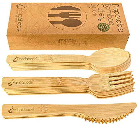 Pandabode Disposable Bamboo Wooden Cutlery Set | 24/120/300 Piece | Eco Friendly for Party Picnic and BBQ | Large Strong Biodegradable (120)