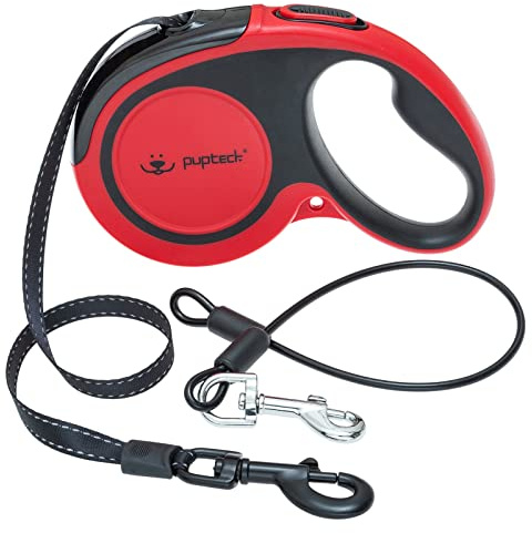 PUPTECK Retractable Dog Leash with Detachable Chew Proof Cable, Red, 16 ft