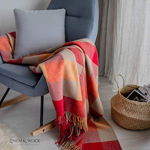Linen & Cotton Flauschige Weiche Wolldecke Bunt Karierte Kuscheldecke Bolivia - 100% Reine Neuseeland Wolle, Beige Creme Rot Orange (130 x 170 cm) Sofadecke Überwurf Schurwolle