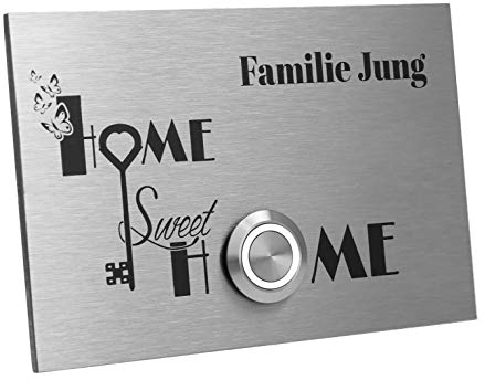 Jung-Edelstahl-Design Türklingel London1G verschiedene Motive Home sweet Home wählbar. Klingelschild 8x12 cm Klingeltaster LED