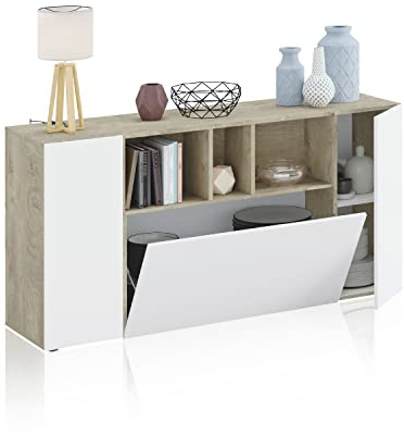 Habitdesign modèle Loire Buffet 3 portes pour salon, meuble d'appoint, finition chêne Alaska et Blanc « Artik », dimensions : 150 x 76 x 41 cm (l x H x P).