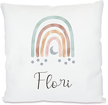 Manufaktur Liebevoll Kinderkissen mit Regenbogenmotiv - personalisiertes Kissen mit Namen (Motiv Flori)