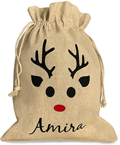 Nikolaussack Kinder mit Namen personalisiert Rentier - Nikolaussäckchen Weihnachtsverpackung Geschenke Nikolausgeschenk 26x35cm Jute Leinen (Rentiersack)