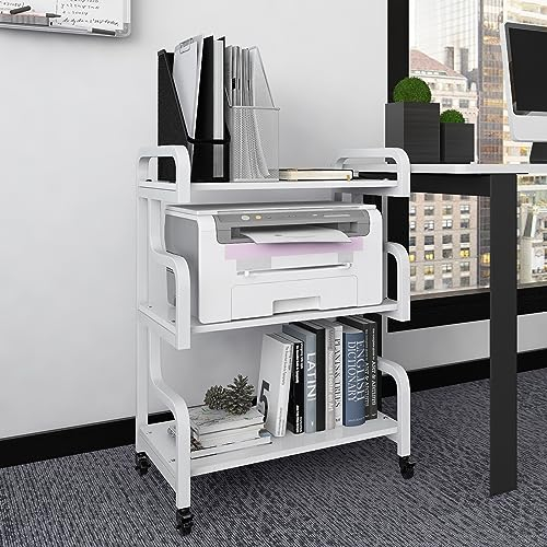 PUNCIA 3 Ebenen Druckerständer mit Universalrollen mobiler Druckertisch aus Holz & Metall Druckerregal Druckerwagen Aufbewahrungsregal für Drucker Büro Arbeitszimmer Zuhause Küche Office Weiß