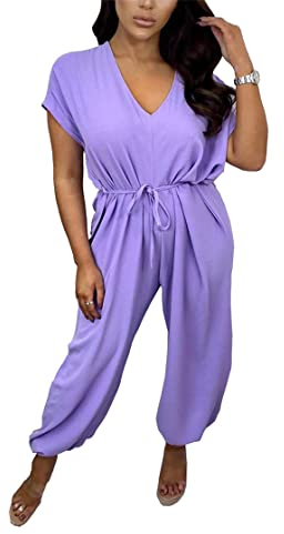 FAIRY BOUTIQUE Damen Jumpsuit mit V-Ausschnitt, Gürtel und weitem Bein, kurze Ärmel, Taille, Strandparty, Spielanzug, Flieder, 34-36