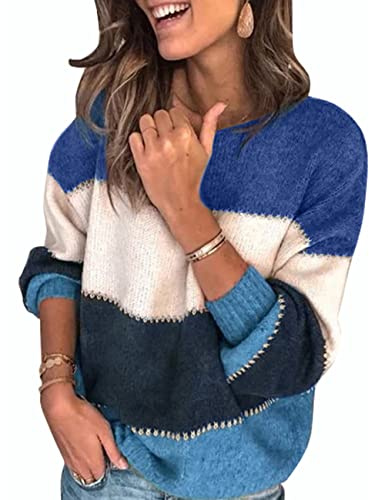 heekpek Pull Femme Chic Chaud Pas Cher Rayé Ample Mode Pullover Col Rond Hauts Manche Longue Pull Femme Hiver Pull Tricoté, Bleu, Taille M
