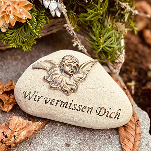 eberin · Friedhof Grab Gedenkstein mit Motiv Engel und Spruch Wir vermissen Dich Sandfarbig [NEU]