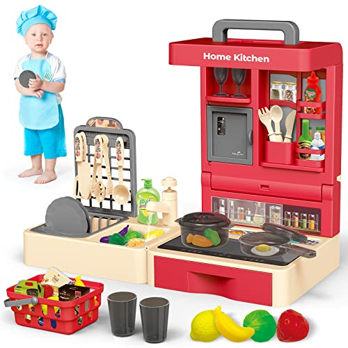 deAO “My Little Chef” Plastik Spielküche Küche für Kinder, mit 48 Stücke Küchenzeile Zubehör, Küchenspüle, Kochfeld, Kühlschrank, Lagerschränke usw. Küchen Spielzeugsets Rollenspiel für 2 3 4+