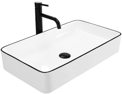 Rea - Lavabo Da Appoggio Denis Black Edge Lavandino Bagno 615 X 350 X 110 mm Ceramica (Bianco/Nero)