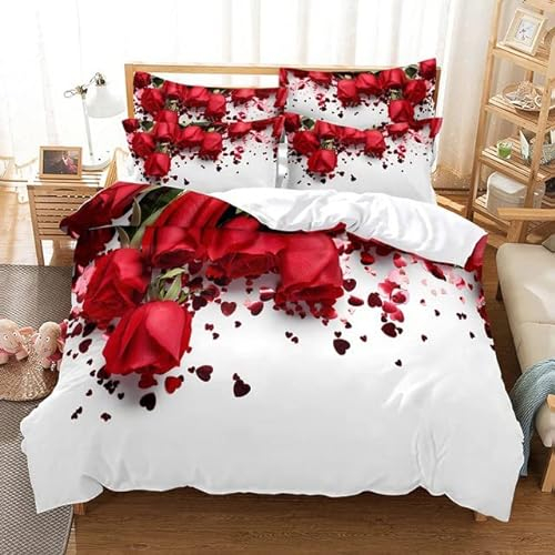 AOXHFNV Juego de Ropa de Cama con diseño de Rosa, 3 Piezas con 2 Fundas de Almohada (Rojo A, 135 x 200 cm)