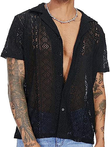 AIEOE Hommes Chemise en Dentelle à Manches Courtes Décontractée Haut T-Shirt Transparent d'Été Transparente Noir EU Taille XL/Taille Label XXL