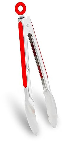 WINPOST Pinze da cucina in acciaio inox, 27 cm, manico antiscivolo resistente al calore, ideale per cucinare, insalata, grigliare e barbecue (27 cm, rosso)