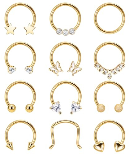 REVOLIA 12Pcs 16G Surgical Steel Septum Rings for Women Men Horseshoe Septum Rings Hoop CZ Heart Star Butterfly Cartilage Helix Tragus Daith Earrings Piercing Jewelry Gold
