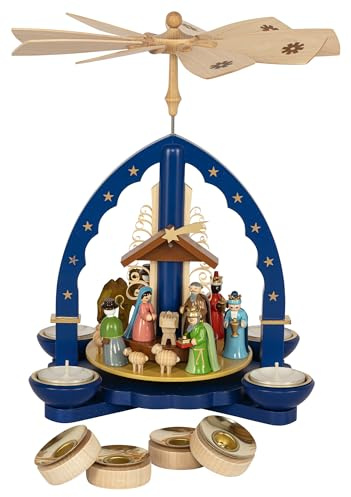 Richard Glaesser Pyramid Holy Three Kings Blue for Tea Light and Candles from Seiffen in the Ore Mountains