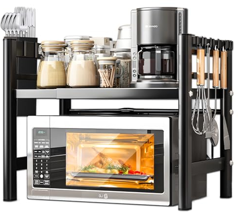VIPNAJI Soporte Extensible para Microondas de 2 Niveles, Soporte para Microondas y Horno Cocina con 6 Ganchos, Soporte Microondas Extensible para Encimera de Cocina, 37-61 cm, Negro