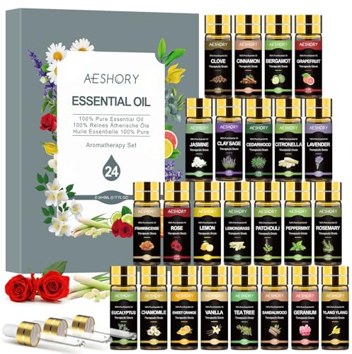 Aeshory - Ätherische Öle Set 24 x 5ml, Aroma Öl Naturrein Essential Oils Duftöle für Diffuser, Luftbefeuchter, Aromatherapie, Kerzen, Kosmetik, Parfüm
