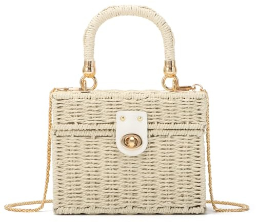 SUKUTU Borsa in rattan intrecciata a mano per donne Paglia intrecciata Borsa a cesto quadrata vintage da spiaggia