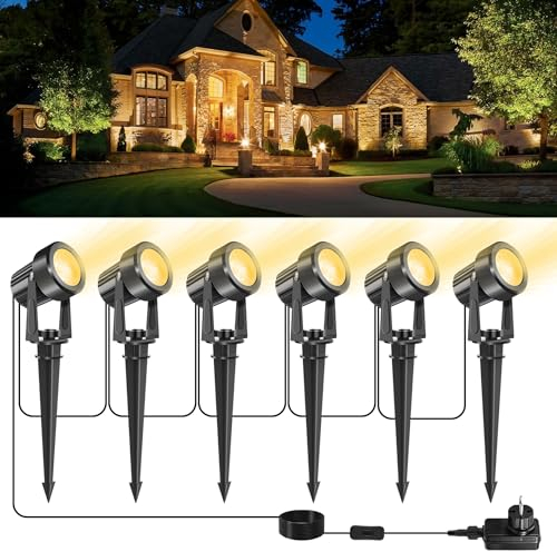 NATPOW faretto led da esterno, 6 in 1 3000K faretto da giardino con picchetto, faretti led 27V con adattatore, impermeabile IP65 Illuminazione per sentiero, terrazza, decorazione della casa