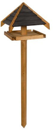 Green Feathers Handcrafted Wooden Pine & Charcoal Bird Table with Sheltered Roof & Mounting Stake for Outdoor Garden - Feeding Station for Small to Medium Birds (Charcoal Roof Bird Table)