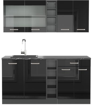 Vicco Singleküche R-Line, Schwarz Hochglanz/Anthrazit, 160 cm | 6 Module · Höhenverstellbare Füße · AP Anthrazit inkl. · Robuste Fronten · Mit offenen Regalen · Frei kombinierbar