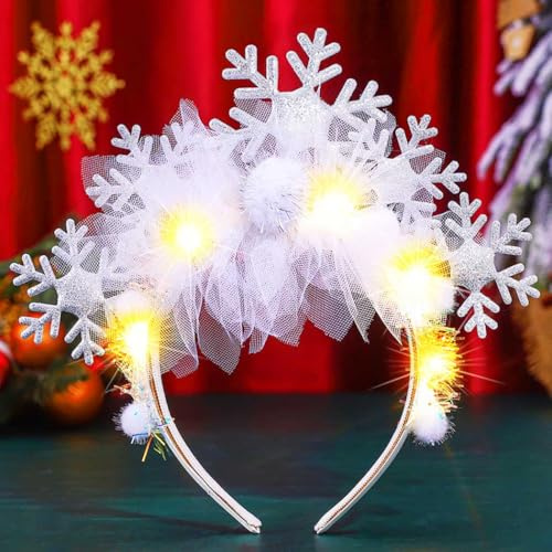 Zoestar Beleuchtetes Schneeflocken-Stirnband, weiße LED-Weihnachts-Stirnbänder, Pompons, Weihnachts-Kopfschmuck, Festival-Kostüm, Haarschmuck für Damen