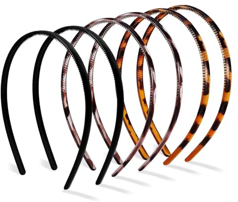 Hanyousheng 6-pack plastpannband, 8 mm tänder kam pannband, 3 färger halkfri hårring, unisex hårband, sportmode hårband tillbehör för kvinnor och män