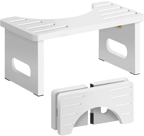AkoaDa Wooden Toilet Stool, Footstool with Anti-slip Pads, Space Saving Folding, 35° Durable C Shaped Stool(White)