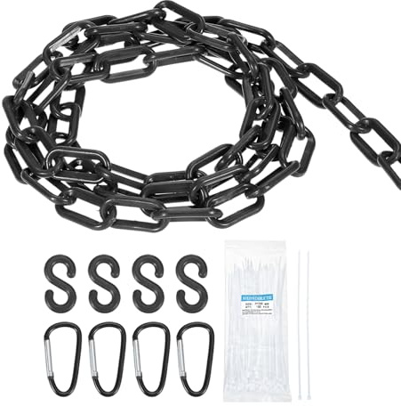 sourcing map Kunststoffkette, 3,1 m, Sicherheitskette, schwarz, Kunststoff-Kettenglied-Barriere mit Reißverschlussbändern, Schnalle und S-Haken für Menschenmengenkontrolle, Warteschlangenschnur,