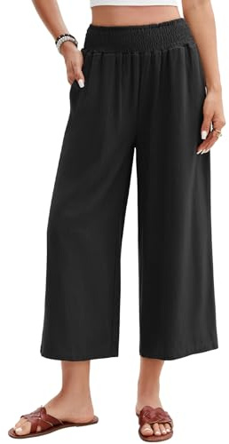 UMIPUBO Pantaloni Lino Donna Estivi Leggeri Cotone Larghi 3/4 Pantalone Elastica Vita Alta Eleganti Gamba Larga Palazzo Pants Casual Sportivi Pantaloni da Spiaggia con Tasche (Nero, L)