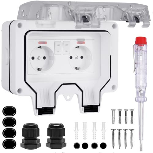 Außensteckdose Wasserdicht IP66 - Steckdose Aufputz mit Deckel Gartensteckdose Aussensteckdose Outdoor Steckdose Wetterfest für Gärten Feuchtraum Keller Garage (Weiß, 2-fach)