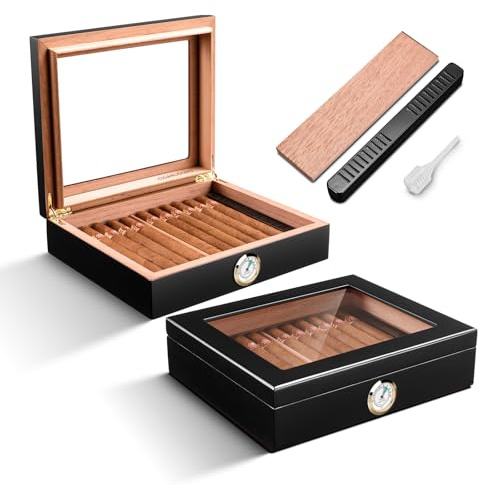 CLZOONG Cigar Humidors Spanish Cedar, Elegant humidor with Hygrometer and Humidifier Cedar Wood Humidor Case Cigar Desktop Box Gifts for Men Hold 20-30 Cigars(Black)