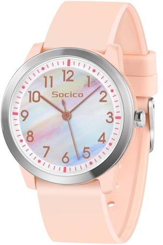 SOCICO Montre Analogique pour Enfant Garçon Fille, 5ATM/50M Étanche Facile à Lire Quartz Minimaliste Montre pour Enfants de 8 à 18 Ans (Arc-en-Ciel Rose)
