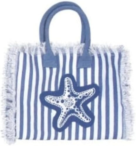 Generico Lovely Beach Borsa Handbag a Mano Esterel Mare a Righe con Stella Marina, 28x23x14 cm a Righe in 3 Colori con Frange (Bluette)