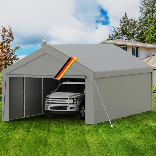 Carport Zeltgarage 4x8m – Wasserdichtes Garagenzelt mit abnehmbaren Seitenwänden – UV-beständig Winterfest Unterstand für Auto, SUV, LKW, Boot – Lagerzelt Weidezelt Garten Garage, grau