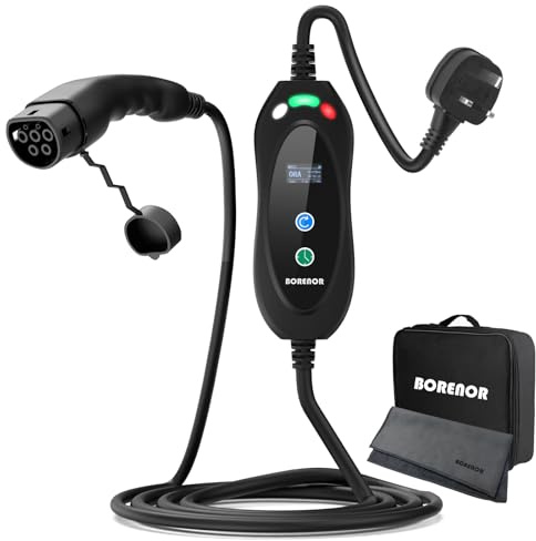 BORENOR EV Charger Cable Type 2 to 3 Pin Plug, 2.8kW Electric Car Charger [6/8/10/13A], Adjustable Current, Portable EV Charging Cable with Carry Bag, LED Dsiplay, 6 Metres, for Home & Travel, Black