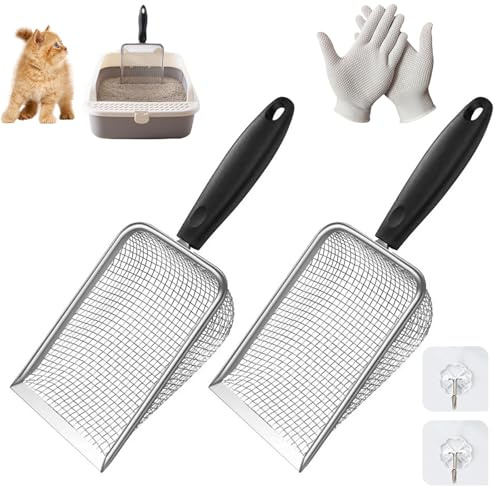 YTSMFL 2 Stück Katzenschaufel, Edelstahl katzenschaufel für Katzenklo Schaufel mit Langer Griff Gartenerdesieb katzenklo Schaufel für Alle Katzenstreu