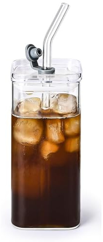DoeVelisyn Iced Coffee Cup with Glass Straws, 400ml Square Glass Tumbler with Straw and lid for Ice Coffee Cup, Matcha, Smoothies,Juice, Cold Beverages, Sustainable Drinking for Home, Office & Travel