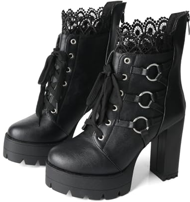 FOREADA Black High Heel Boots For Women Platform Booties Chunky Heeled Fashion Lace Up Goth Ankle Boots with Zipper Round Toe Punk Gothic Shoes