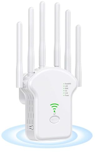 Repetidor WiFi 1200 Mbps Doble Banda 2,4 GHz + 5 GHz, con Modo Repetidor/Enrutador/Punto de Acceso, 6 Antenas y Extensor de Alcance WiFi con Puerto LAN/WAN A2. Ideal para Hogar y Oficina (Blanco)