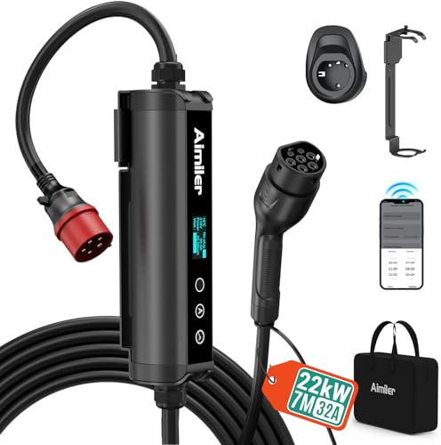 AIMILER Cargador Coche Eléctrico 22kW CE Wallbox Trifásico con App, [16-32A] 7M Cargador de Coche Eléctrico con Cable Tipo 2, Estación de Carga IP66 con RCD para Model Y/3 y Otros BEV/PHEV