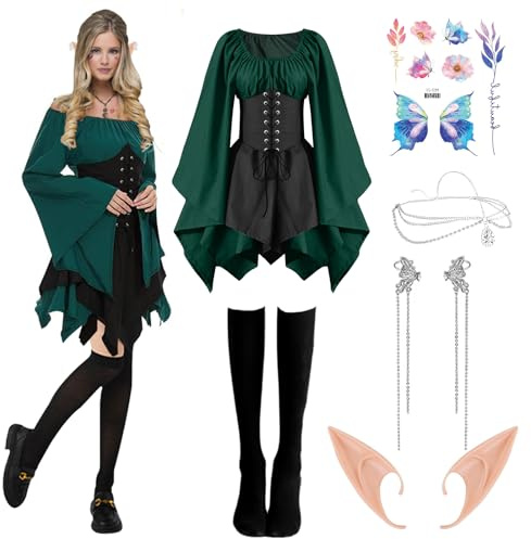 Vcumter Renaissance Elf Costume, 6PCS Women Medieval Traditional Irish Dress, Victorian Cosplay Dress with Tattoo Stickers Elf Ears Hair Accessories, Medieval Costume for Halloween Carnival Cosplay