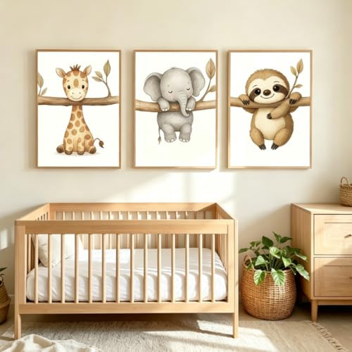 BeiYiHo 3 Poster Babyzimmer Beige Baby Tier Bilder Kinderzimmer Elefant Giraffen Faultier Kinder Wandbilder Jungen Zimmer Deko Leinwand 30x40cm ohne Rahmen