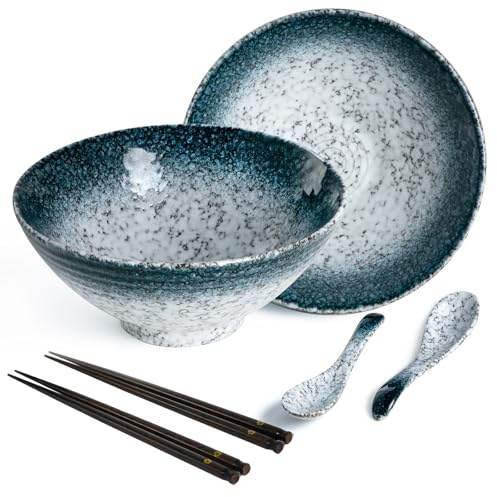 2 teiliges Ramen Schüssel Set Keramik Japanische Ramen Bowl mit Essstäbchen und Löffel,Asiatisch Stil Porzellan Geschirr Salatschüssel Instant Suppenschale,1200ml,Stein
