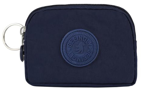 HYJMA Small Wallet for Women Men, Nylon Coin Purse with Zipper and Keychain, Portable Change Holder for Cash, Cards, Keys (Dark Blue)