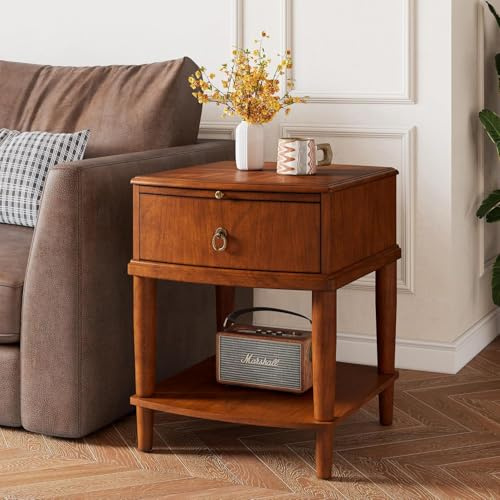PADMA HOUSE Table d'appoint en Bois Massif avec tiroir et Plateau de Rangement, Table de Nuit, téléphone étroite, Table de Chevet, Table Basse pour Salon, Table de café (45 * 50 * 58)